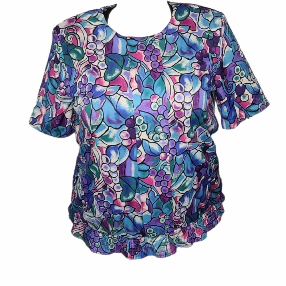 VINTAGE 80s blouse grapes‎ fruit print short sleeve blouse top XL